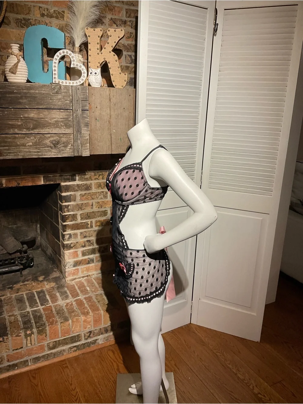 Victoria's Secret Black Mesh Polka Dot apron size 36D Y2K lingerie sexy